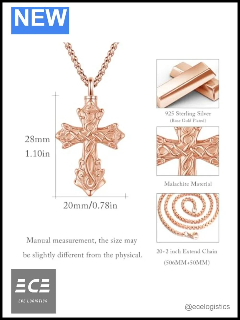 925 Sterling Silver Rose Gold Plated Celtic Cross Urn Necklace for Ashes